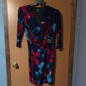 Anne Klein Floral Long Sleeve Dress - Red and Blue